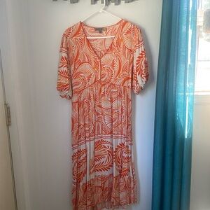 Tropical Orange Leaf Print Midi Dress